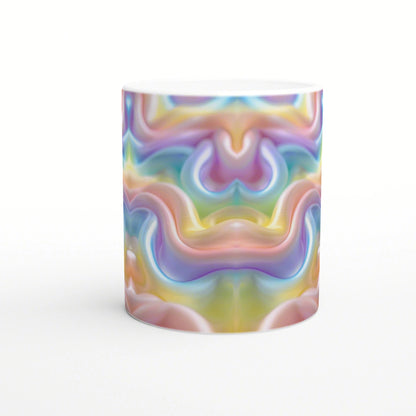 White ceramic mug mockup featuring a vivid pastel rainbow swirl abstract pattern across its surface.