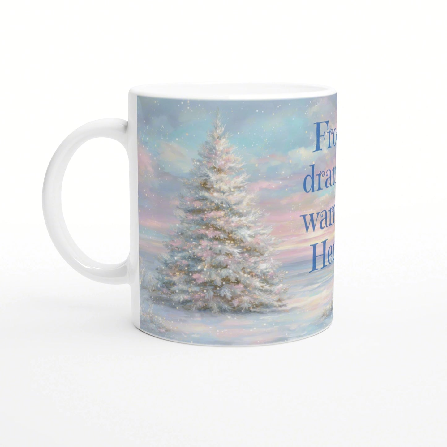 White ceramic mug mockup with pastel winter scene: snow-covered pine and blue vertical text on the side.