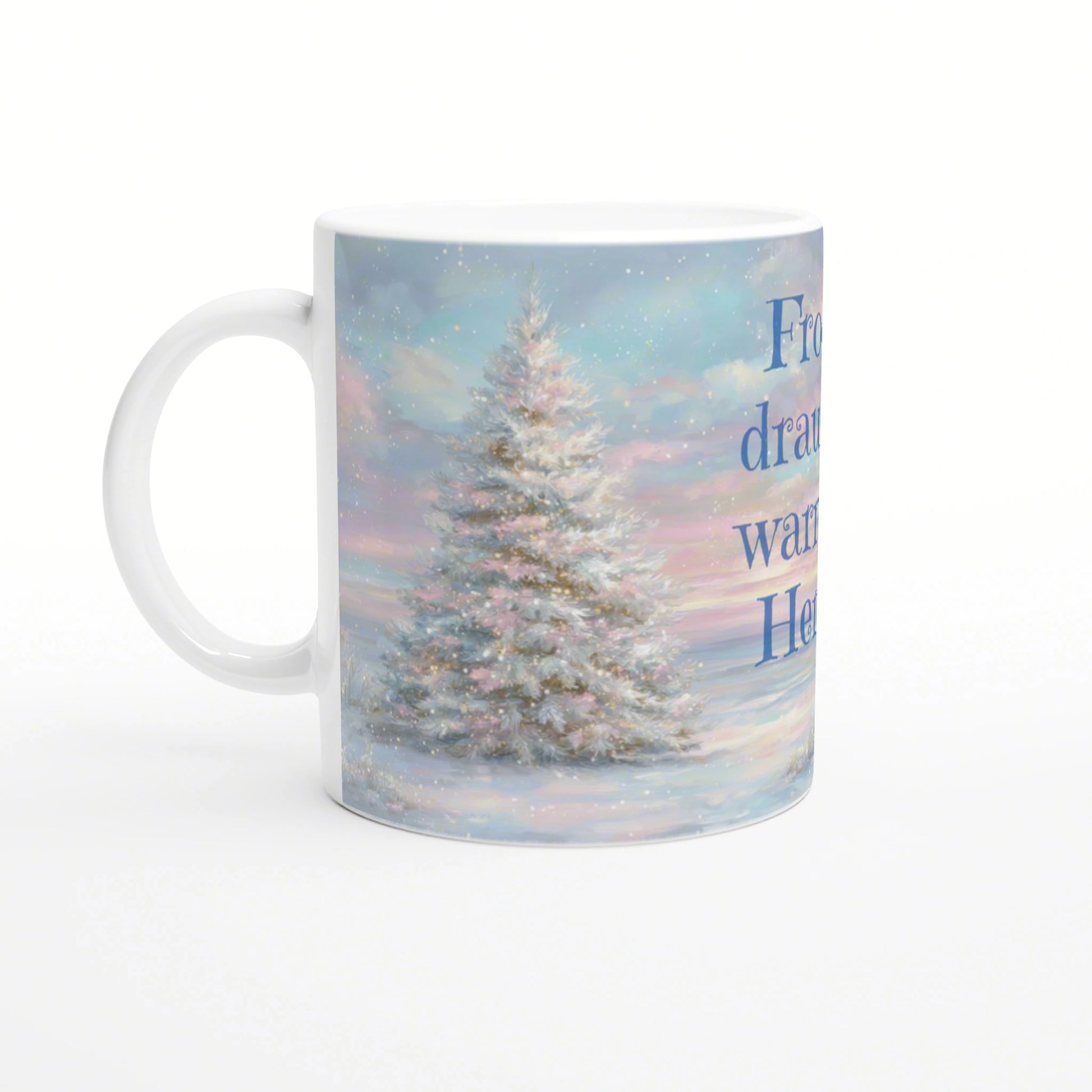 White ceramic mug mockup with pastel winter scene: snow-covered pine and blue vertical text on the side.