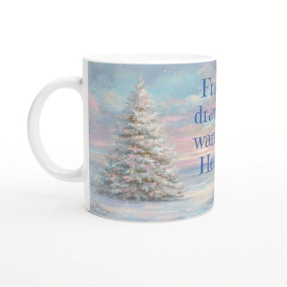 White ceramic mug mockup with pastel winter scene: snow-covered pine and blue vertical text on the side.
