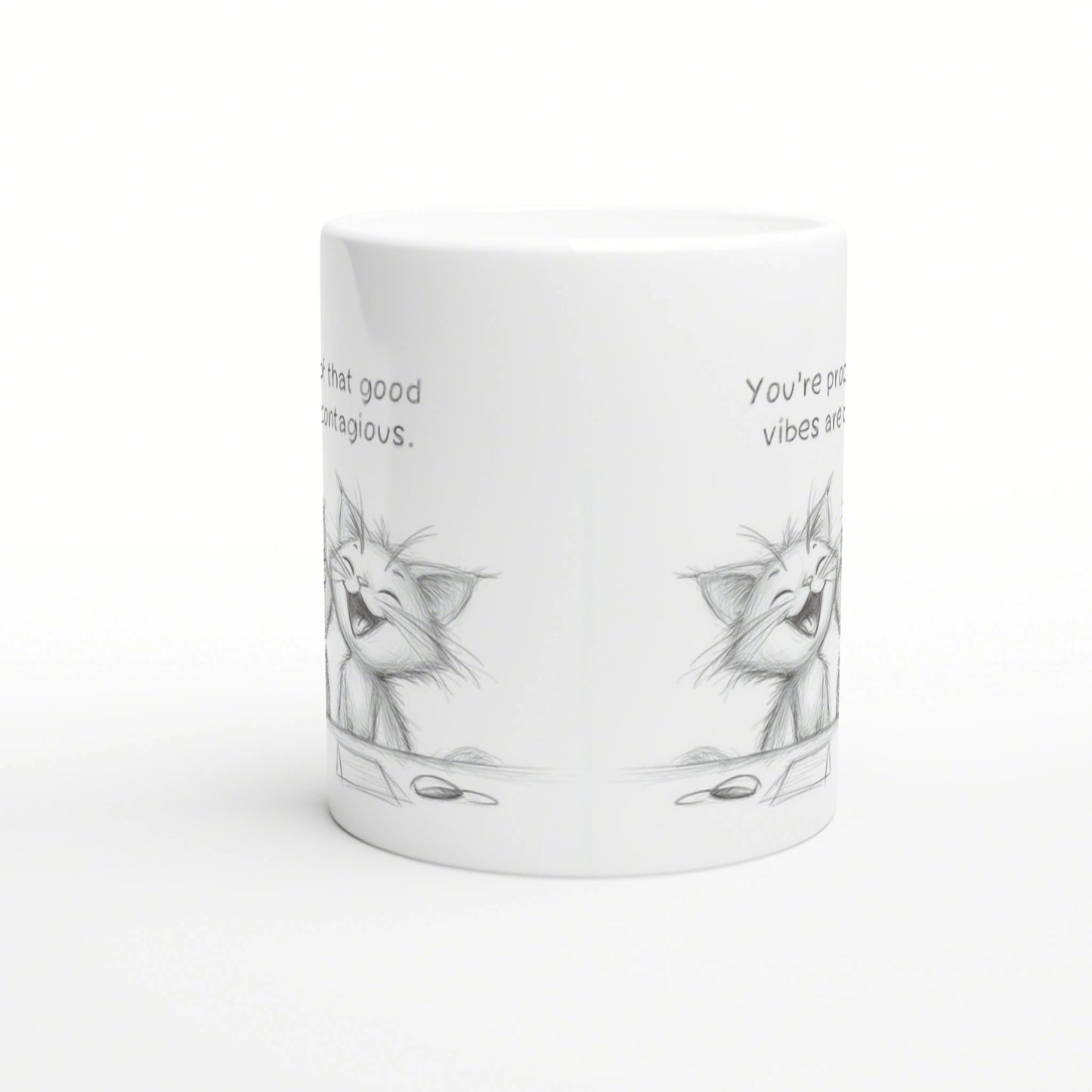 White ceramic mug mockup with a pencil-sketch cat along the bottom and partial funny slogans along the sides.