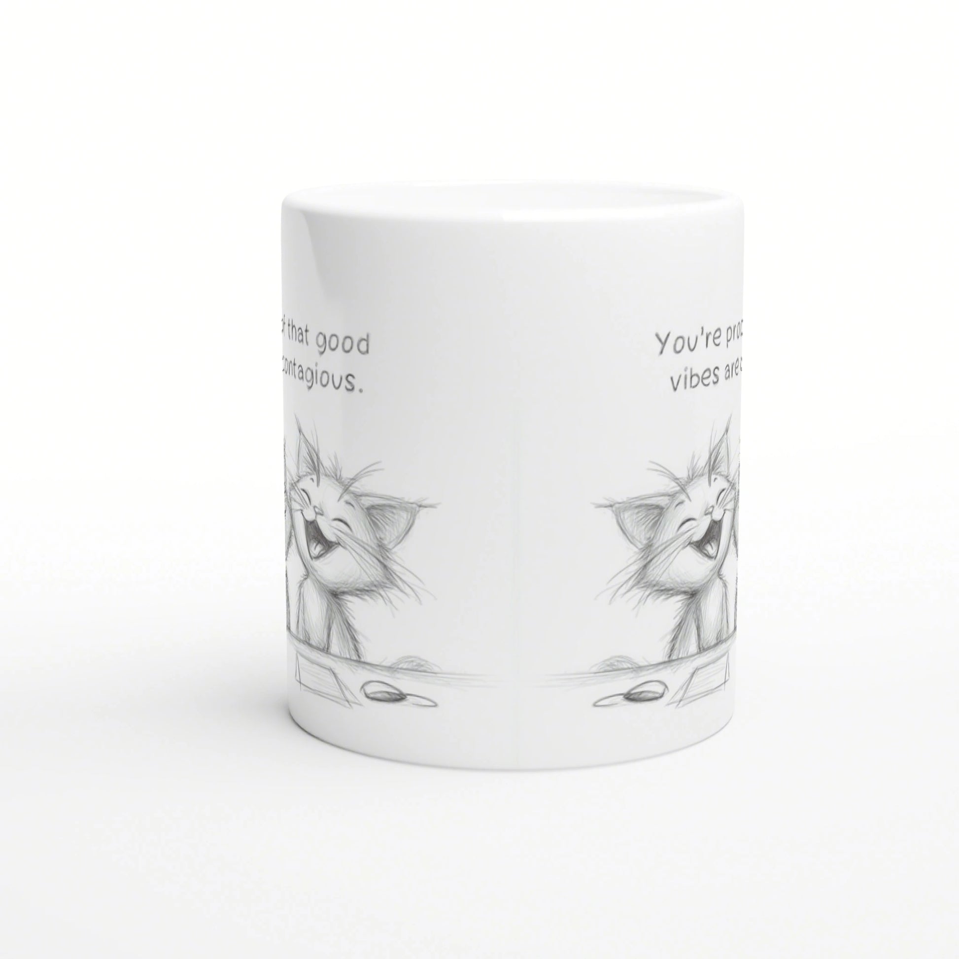 White ceramic mug mockup with a pencil-sketch cat along the bottom and partial funny slogans along the sides.