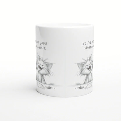 White ceramic mug mockup with a pencil-sketch cat along the bottom and partial funny slogans along the sides.