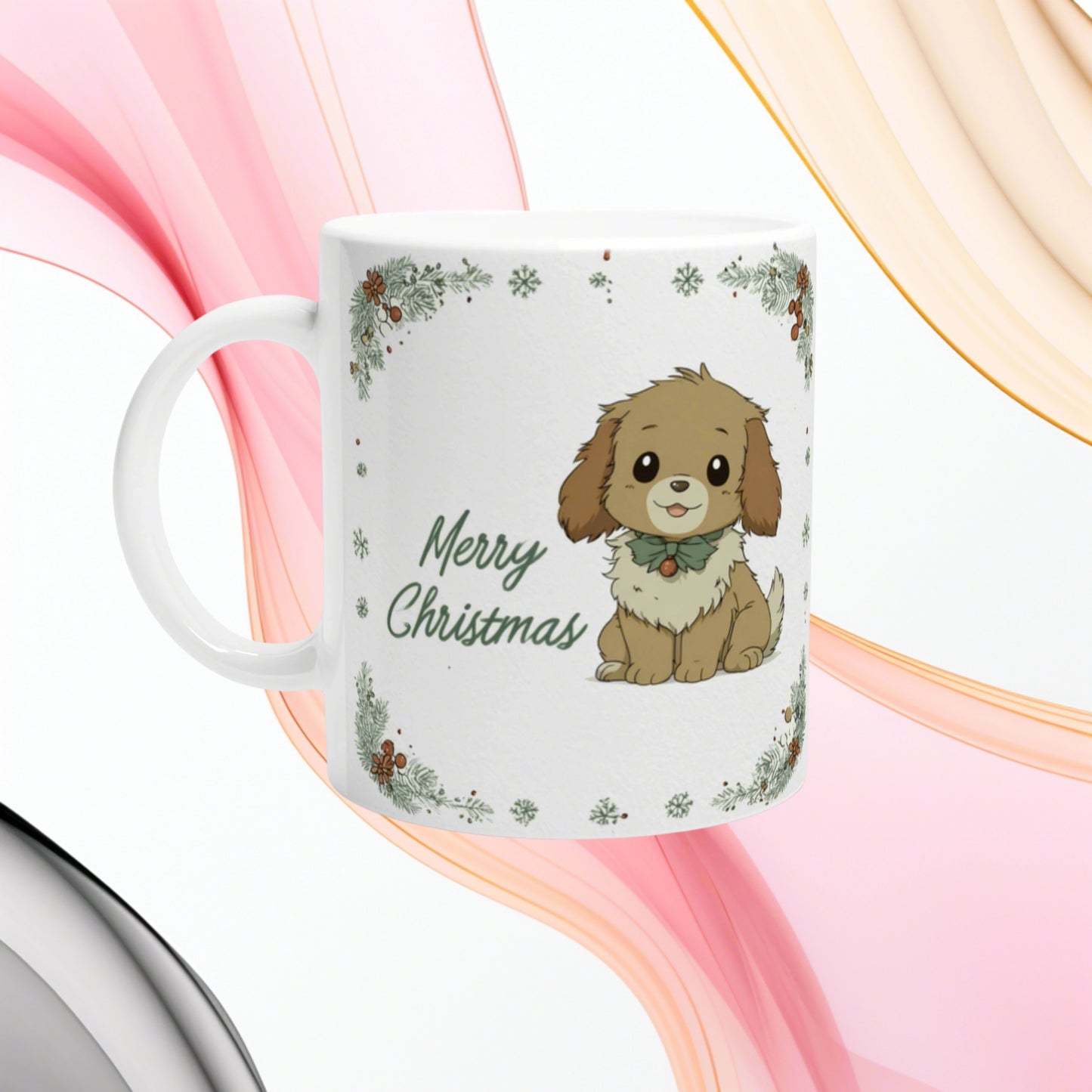 White ceramic mug mockup featuring a cute cartoon puppy, 'Merry Christmas' text, and a green pine garland border.