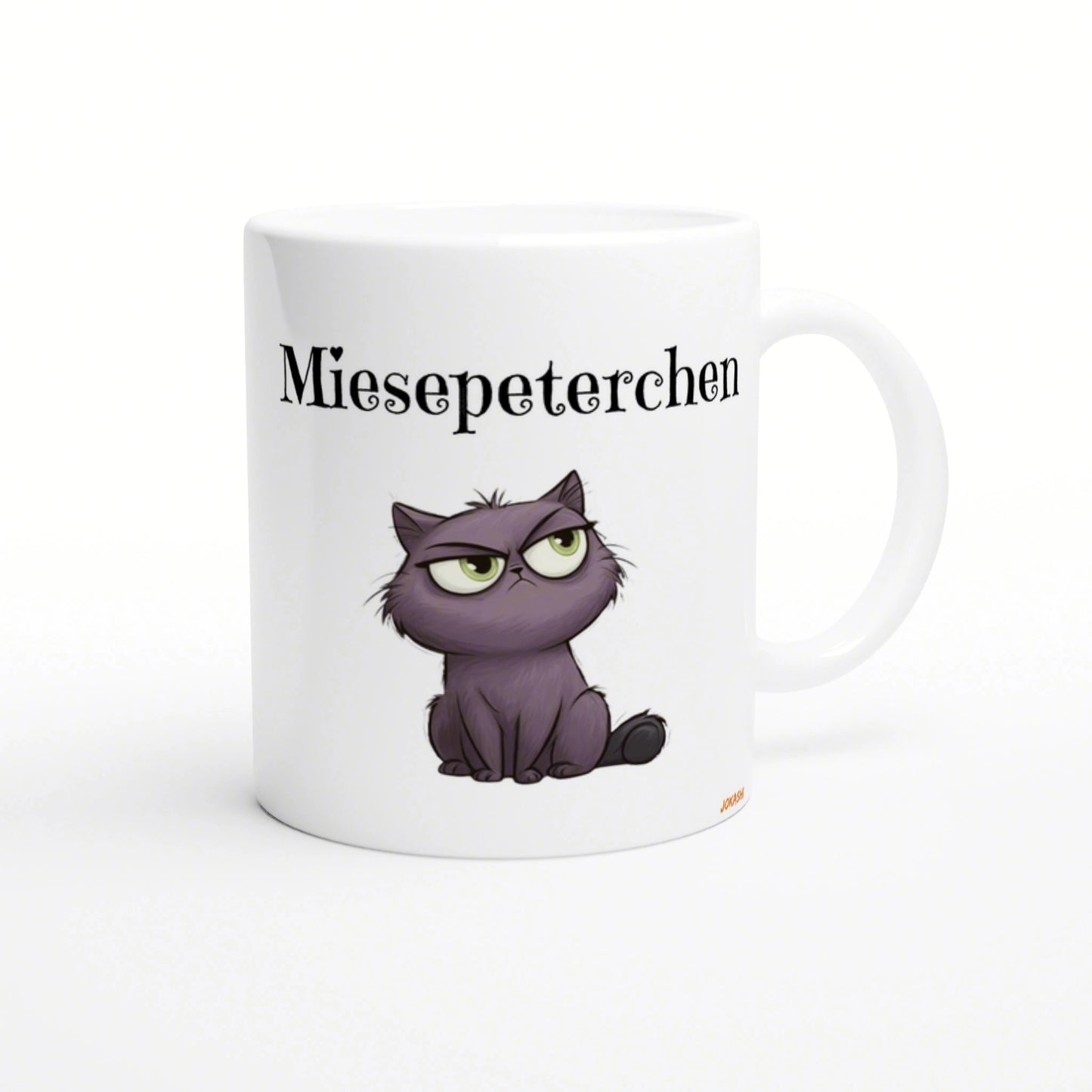 White ceramic mug mockup featuring a purple grumpy cat illustration and the word Miesepeterchen.