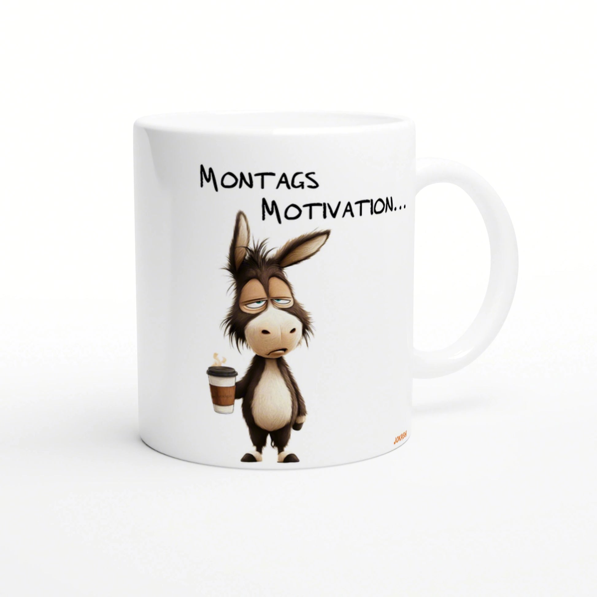White ceramic mug mockup featuring a sleepy cartoon donkey holding a coffee cup and the text Montags Motivation...