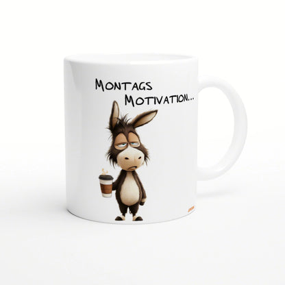 White ceramic mug mockup featuring a sleepy cartoon donkey holding a coffee cup and the text Montags Motivation...