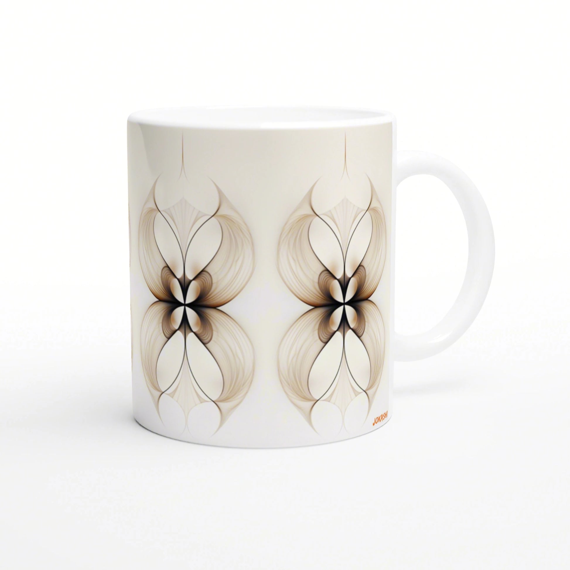 White ceramic mug mockup featuring a symmetrical brown geometric floral pattern on the front and back.