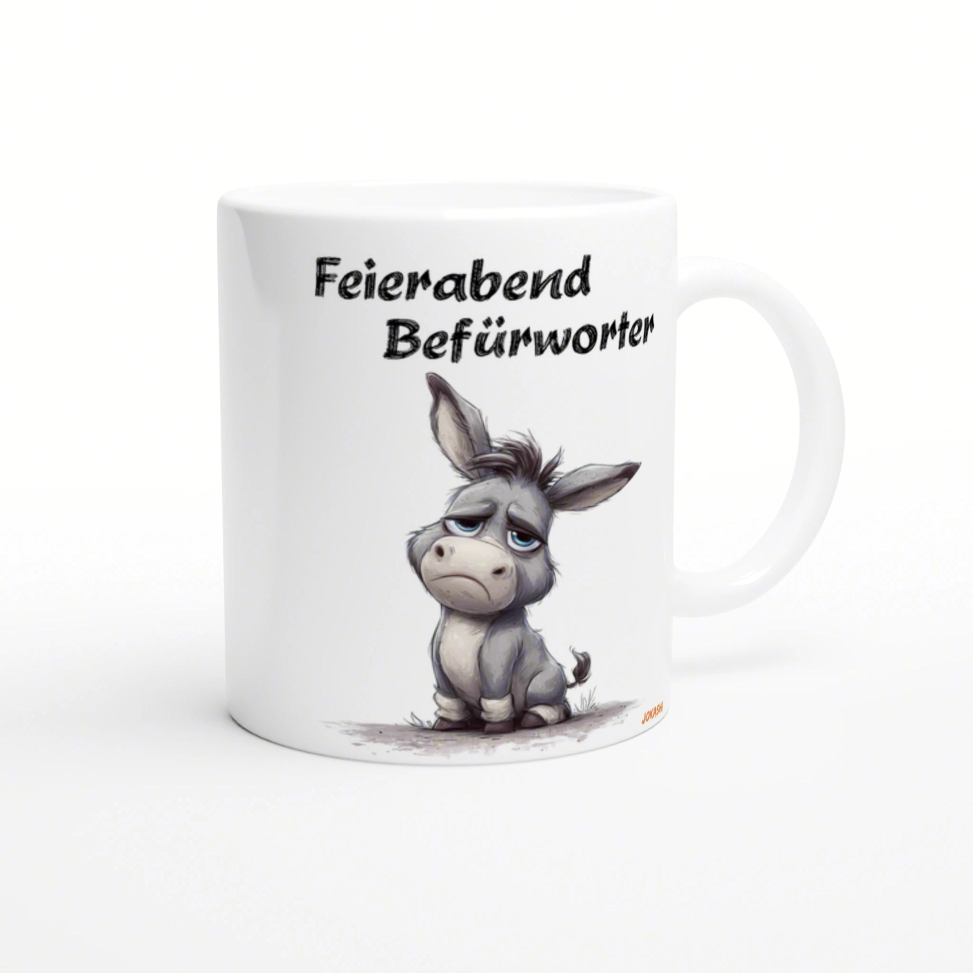 White ceramic mug mockup featuring a tired gray donkey illustration and the German phrase Feierabend Befürworter.
