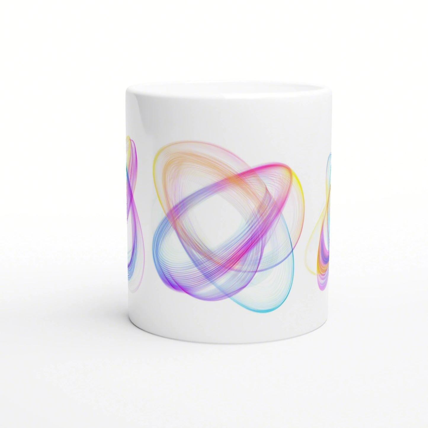 White ceramic mug mockup featuring vibrant overlapping rainbow swirl artwork on the side.