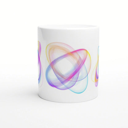 White ceramic mug mockup featuring vibrant overlapping rainbow swirl artwork on the side.