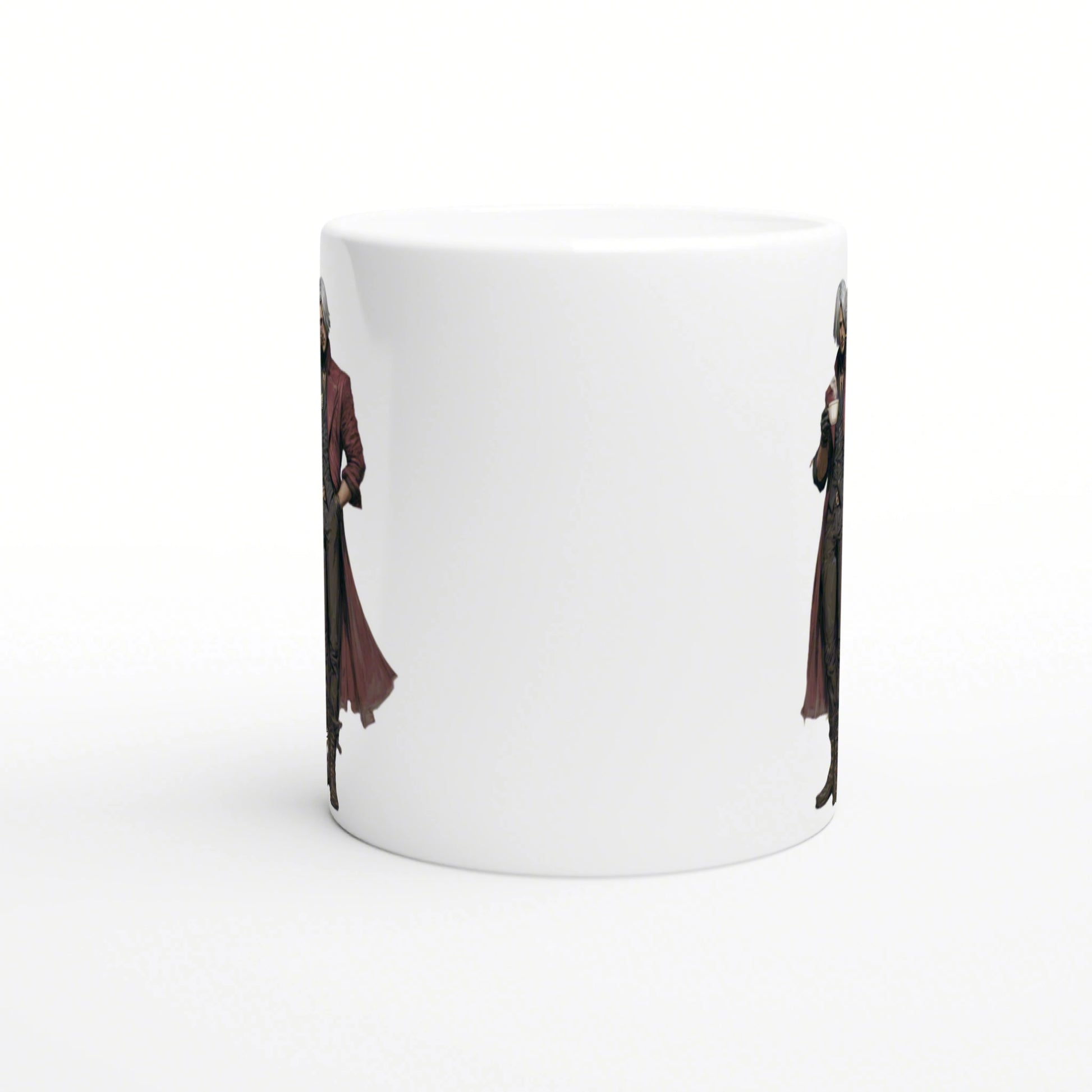 White ceramic mug mockup with wraparound artwork showing partial figures in red coats on both sides.