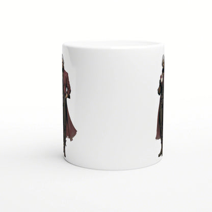 White ceramic mug mockup with wraparound artwork showing partial figures in red coats on both sides.