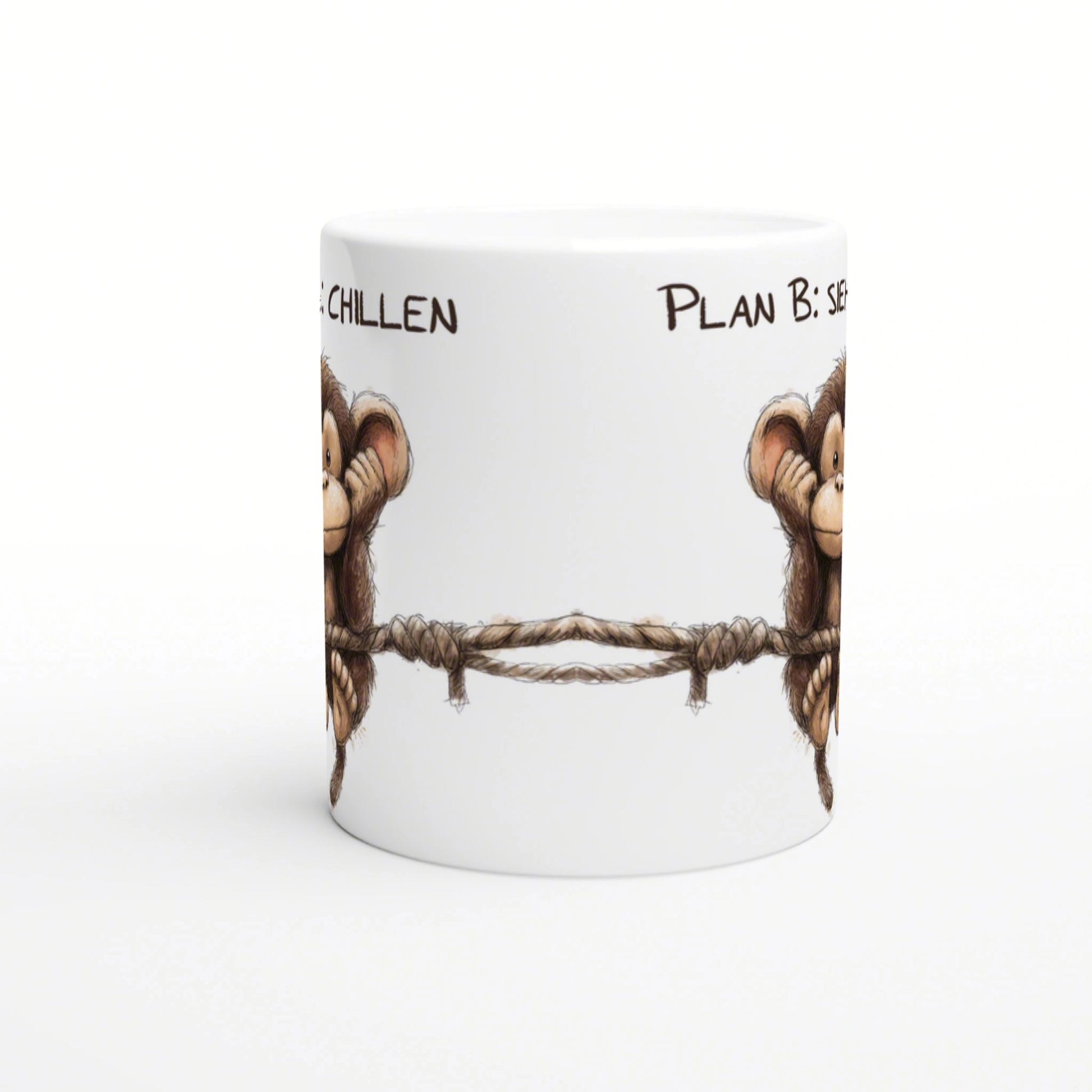 White ceramic mug mockup with two cartoon monkeys on either side holding a rope, partial slogan along the rim.