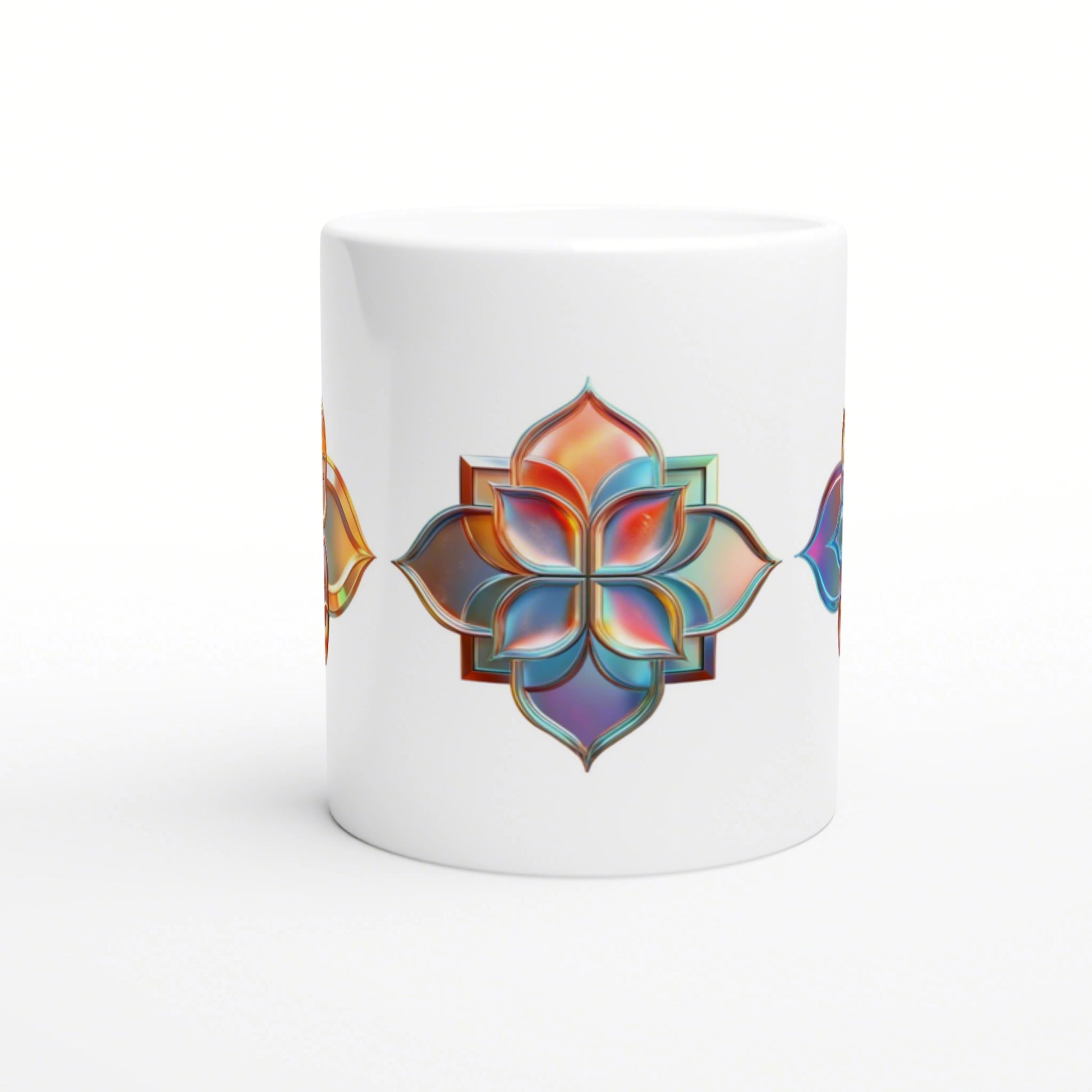 White ceramic mug featuring a vibrant multicolor mandala with layered petals on the side.