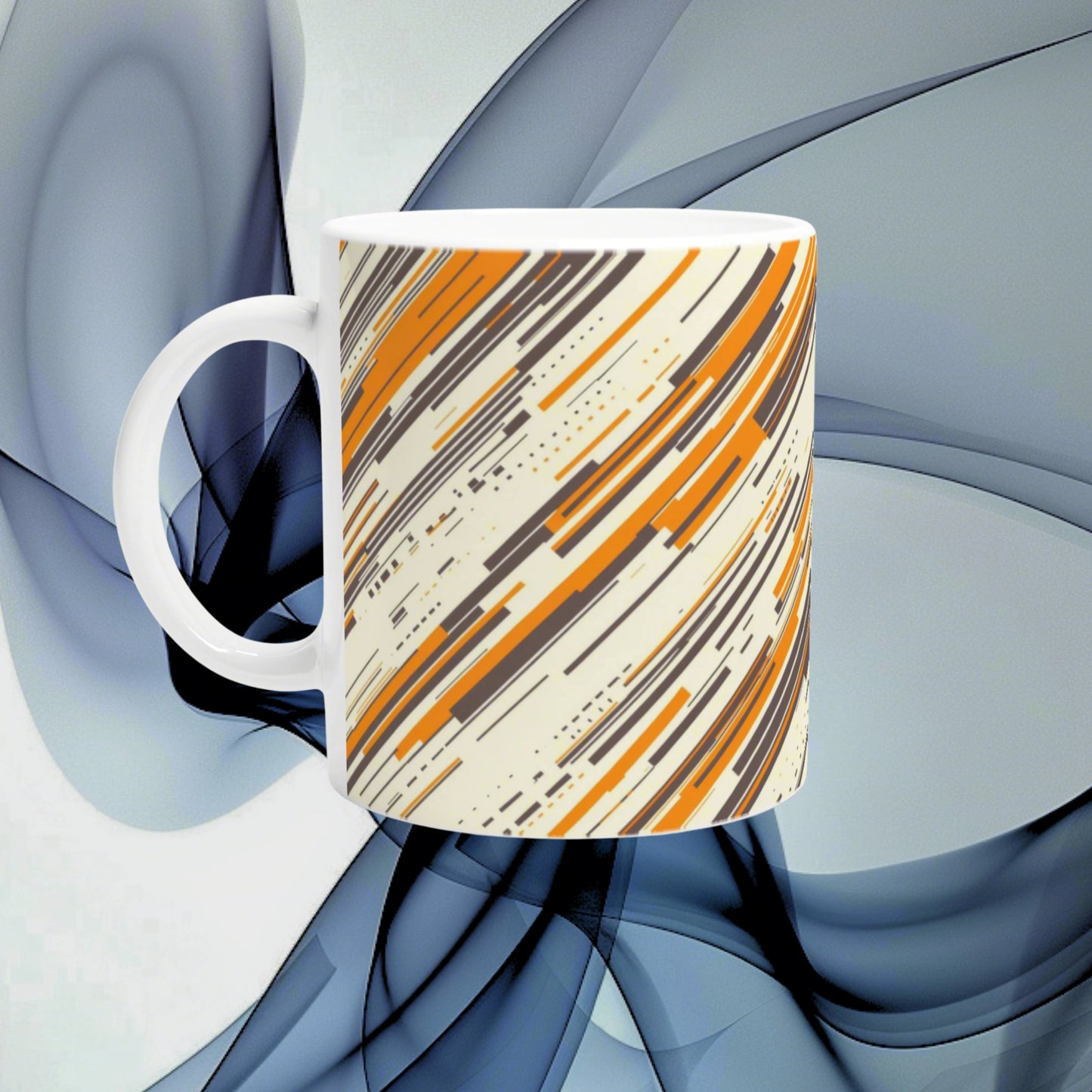 White ceramic mug with orange and brown diagonal abstract stripes, shown as a product mockup against a blue background.