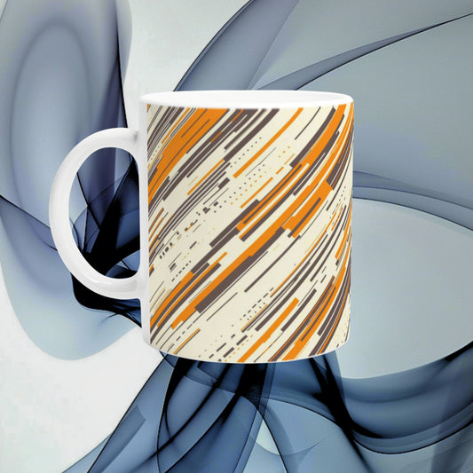 White ceramic mug with orange and brown diagonal abstract stripes, shown as a product mockup against a blue background.