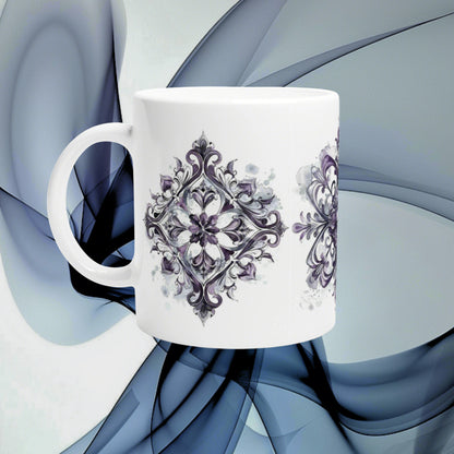 White ceramic mug with an ornate purple damask pattern, shown as a product mockup on an abstract blue background.