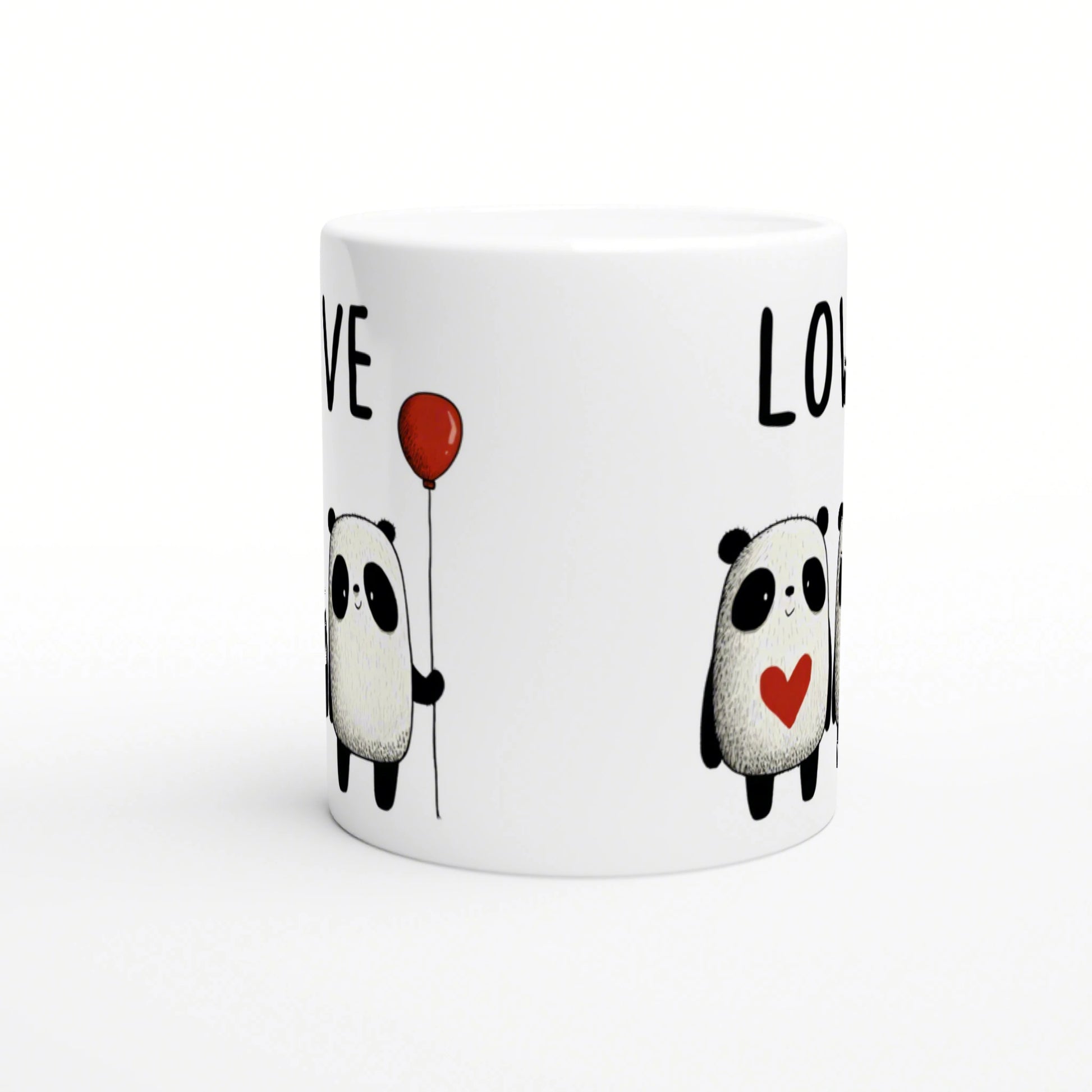 White ceramic mug mockup with cute black-and-white pandas; one panda holds a red balloon, another has a red heart.