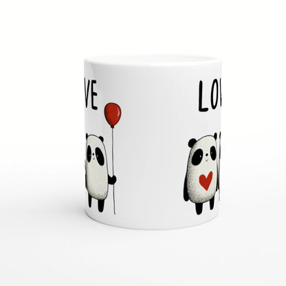 White ceramic mug mockup with cute black-and-white pandas; one panda holds a red balloon, another has a red heart.