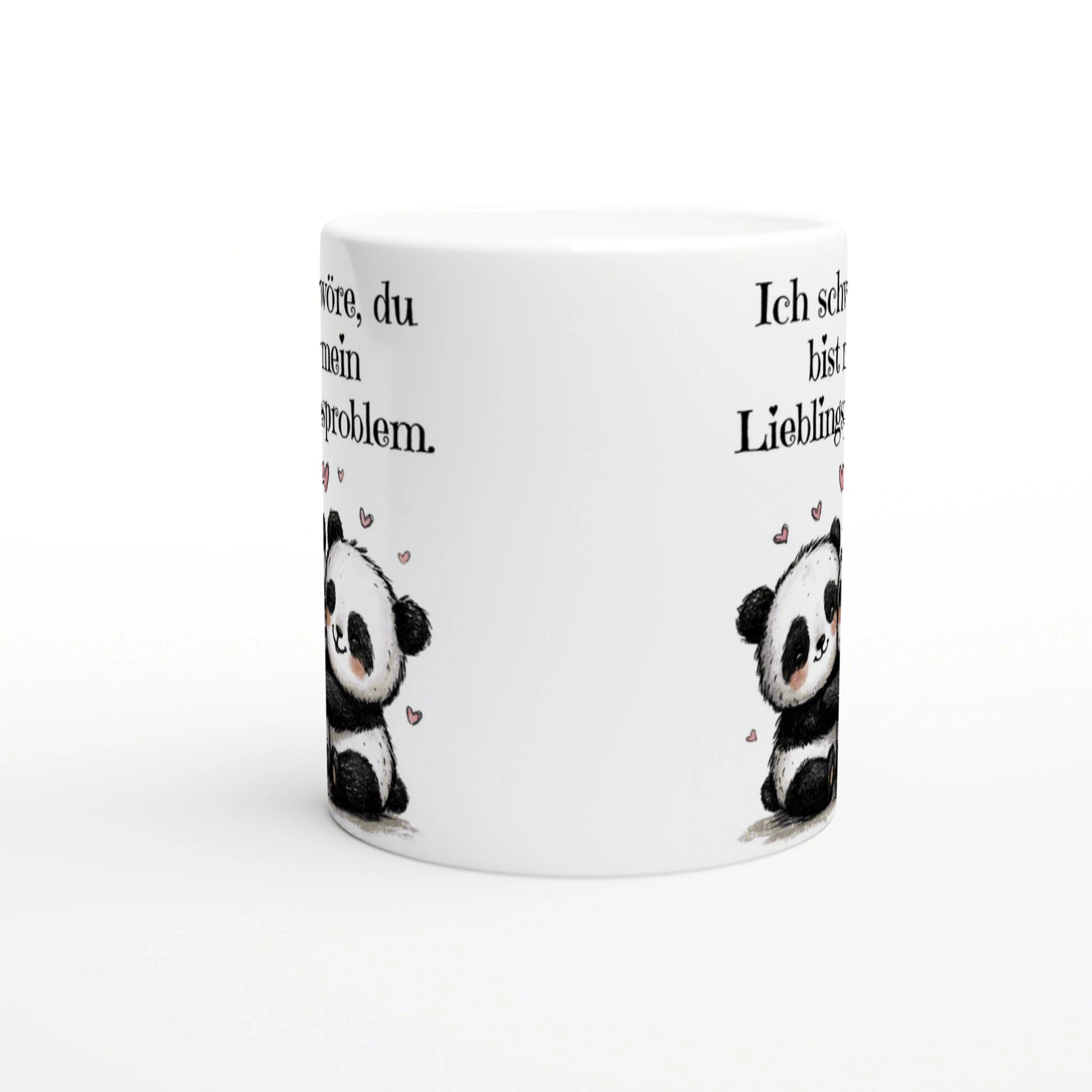 White ceramic mug with cute panda illustrations on the bottom edge, German text along the sides, and small pink hearts.