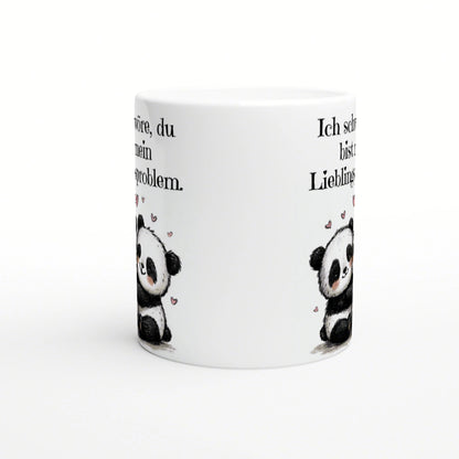 White ceramic mug with cute panda illustrations on the bottom edge, German text along the sides, and small pink hearts.
