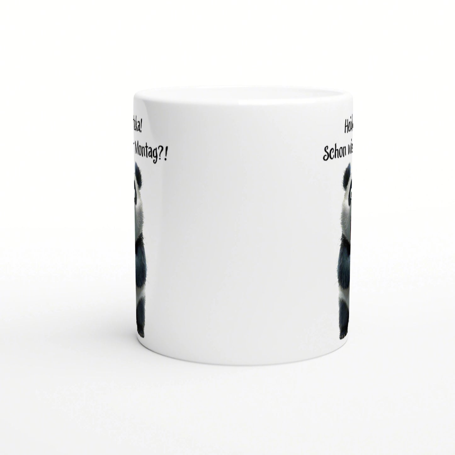 White ceramic mug mockup with a panda illustration on the sides and partial black text for product presentation.