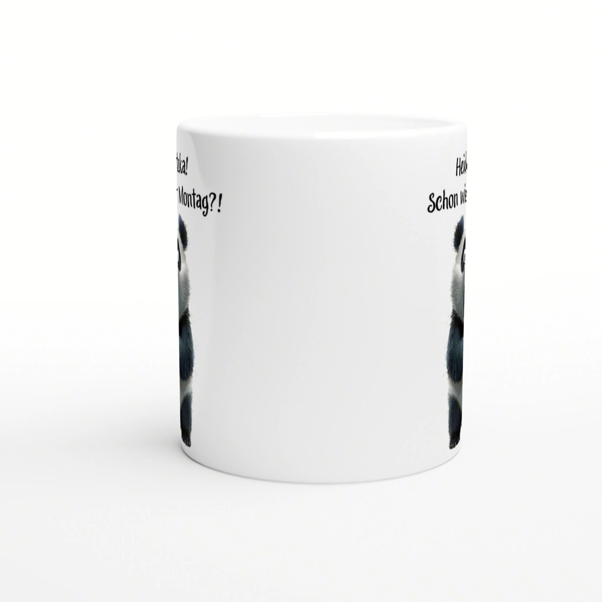 White ceramic mug mockup with a panda illustration on the sides and partial black text for product presentation.
