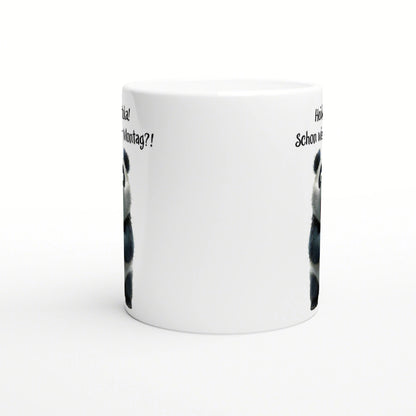 White ceramic mug mockup with a panda illustration on the sides and partial black text for product presentation.