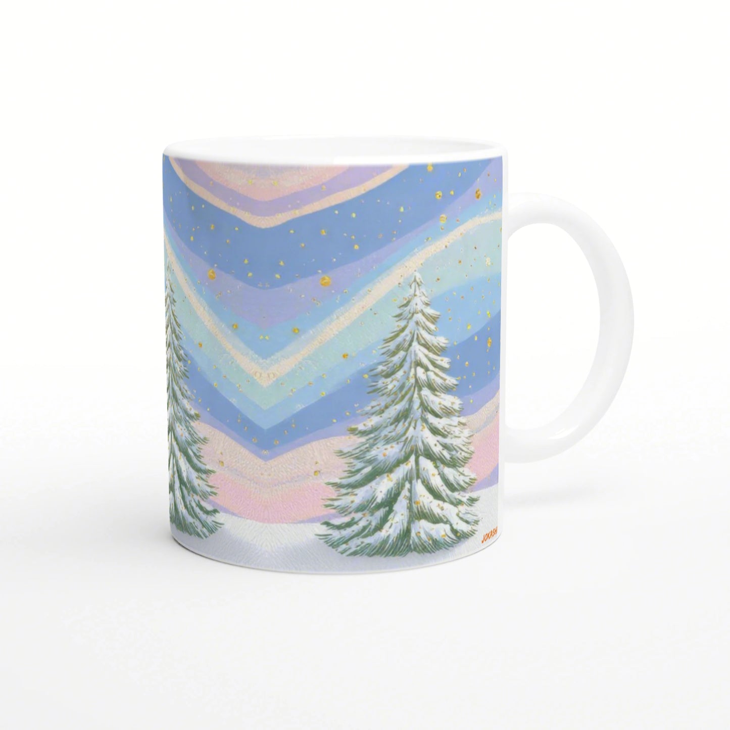 White ceramic mug featuring a pastel chevron winter scene with snow-dusted pine trees and gold speckles.