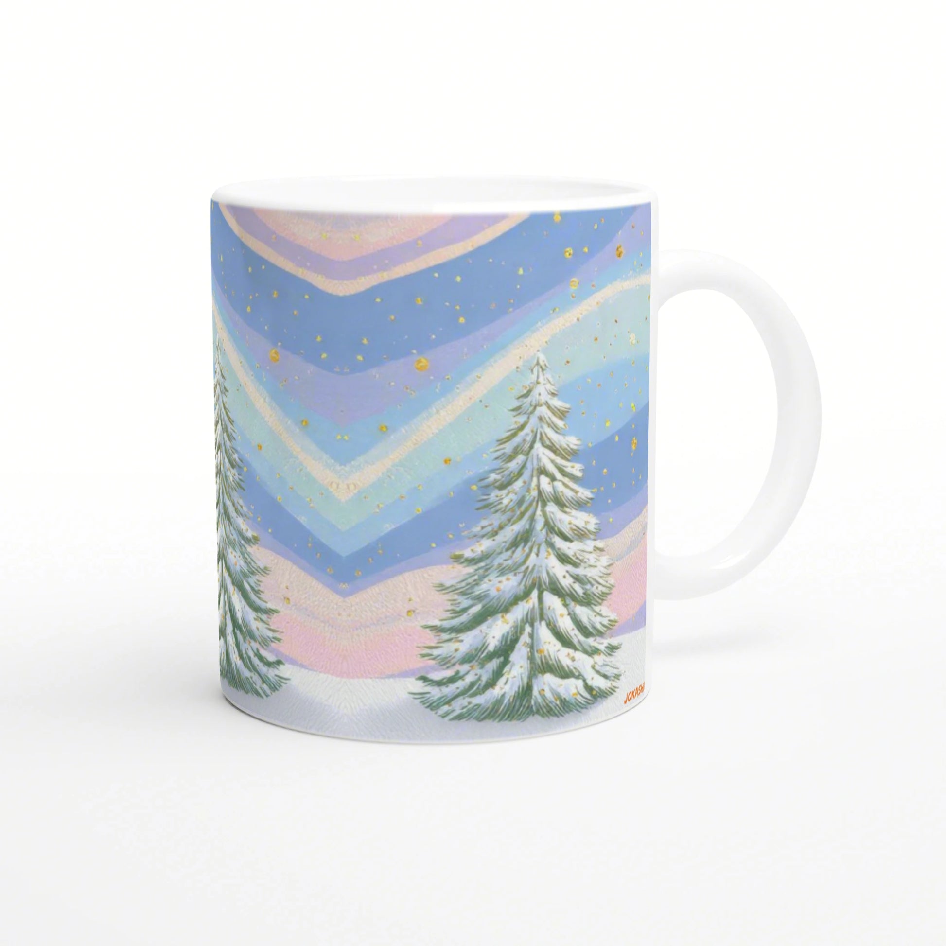 White ceramic mug featuring a pastel chevron winter scene with snow-dusted pine trees and gold speckles.