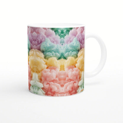 White ceramic mug featuring a wraparound pastel cloud pattern in pink, purple, yellow, green, and blue.