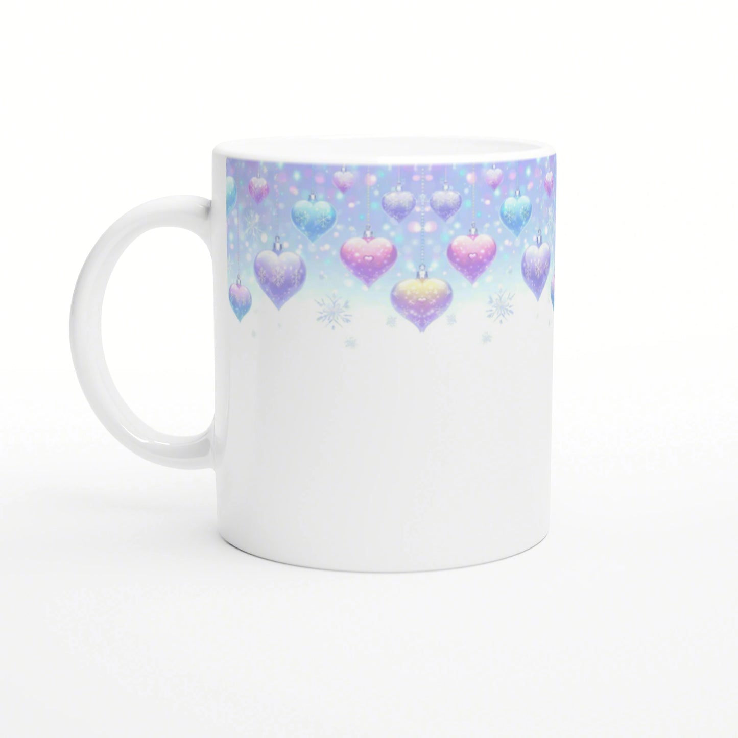 White ceramic mug with pastel gradient rim featuring hanging heart ornaments and snowflakes, white body.