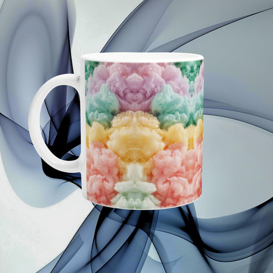 White ceramic mug with a pastel rainbow cloud pattern around its body, presented as a product mockup against an abstract blue background.