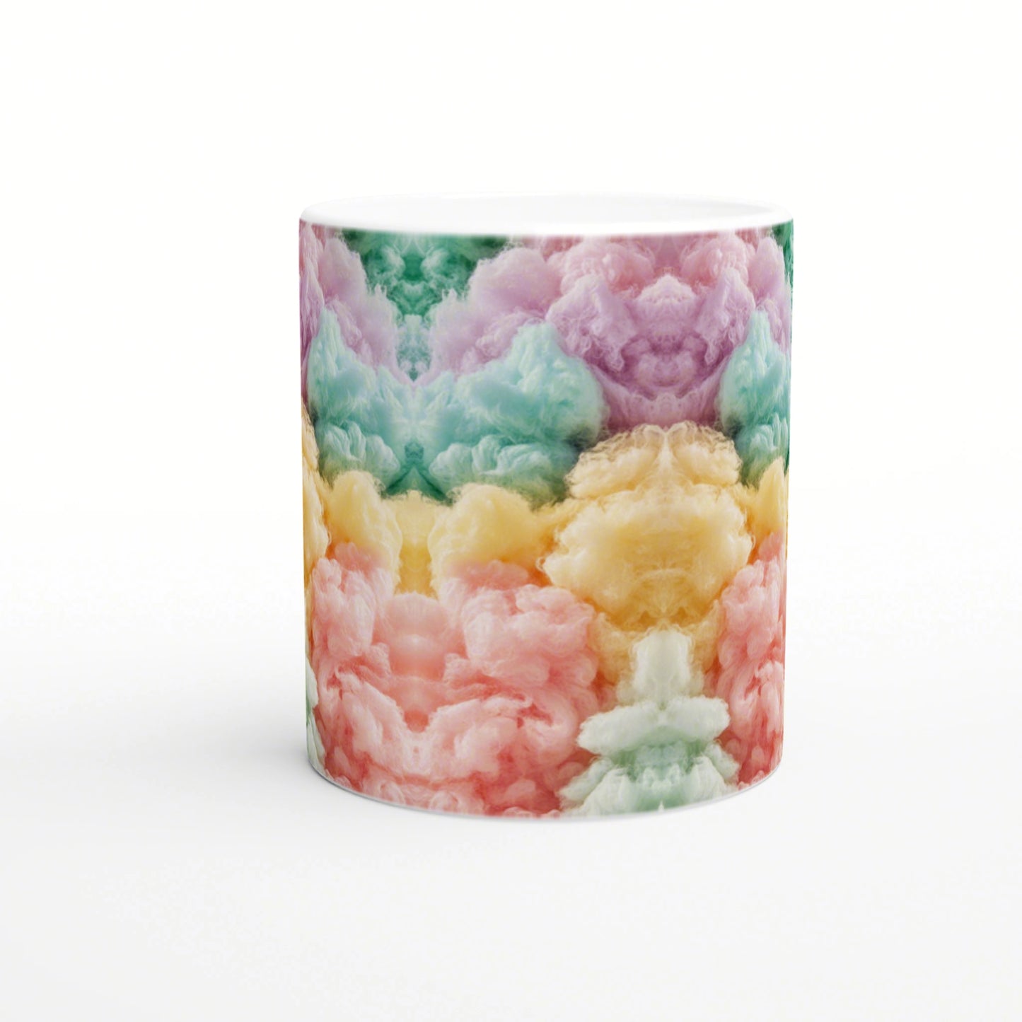 White ceramic mug with a wraparound print of soft pastel clouds in rainbow colors (pink, peach, yellow, mint, purple).