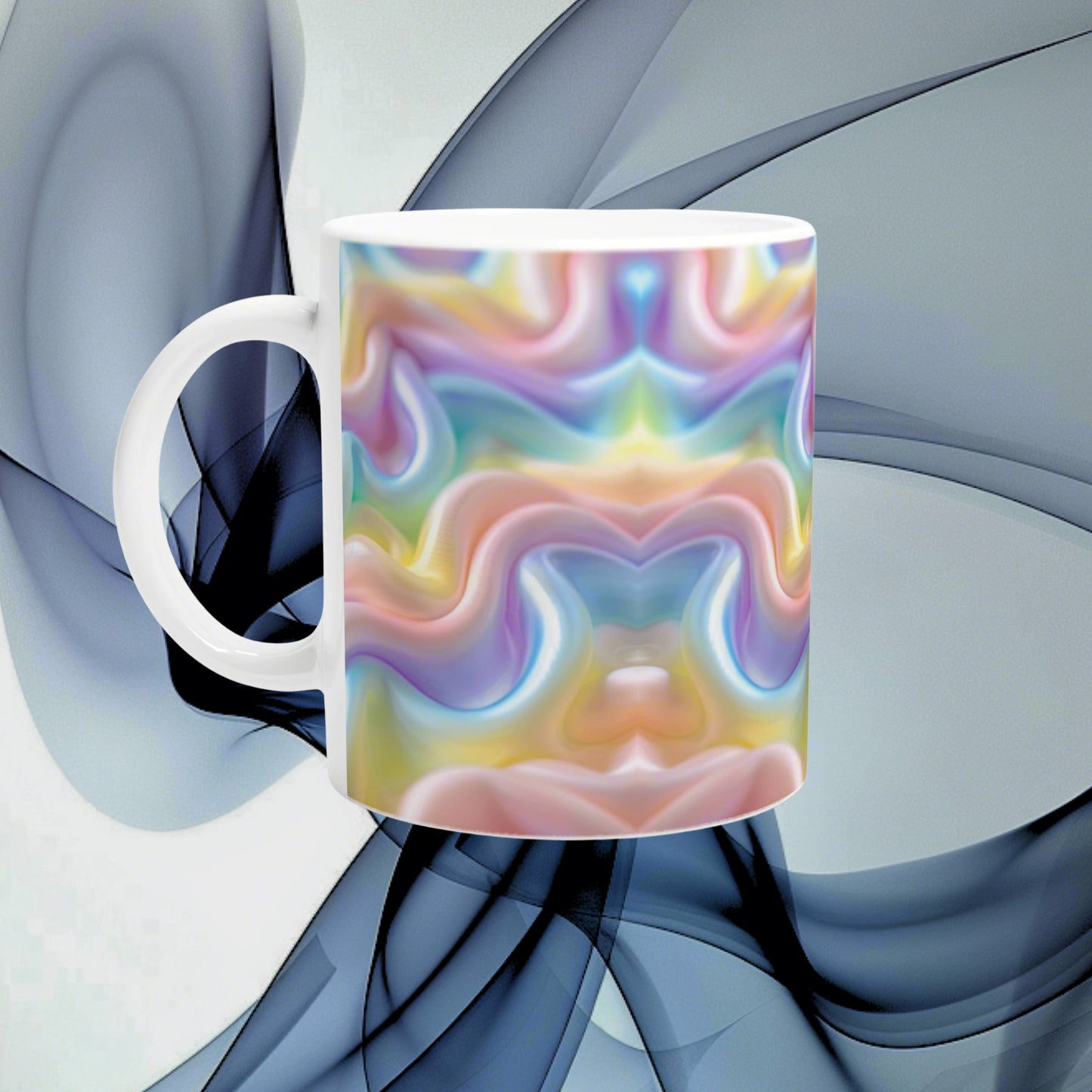 White ceramic mug featuring a vibrant pastel rainbow swirl design; product mockup for mugs.