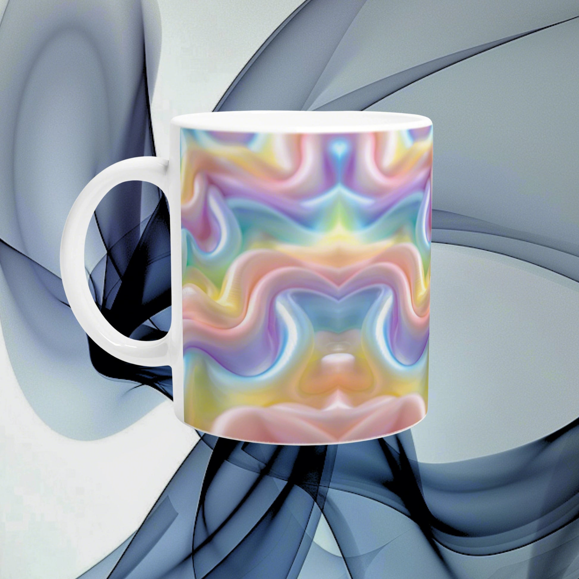 White ceramic mug featuring a vibrant pastel rainbow swirl design; product mockup for mugs.