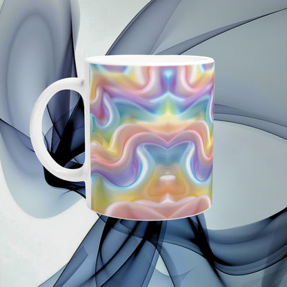 White ceramic mug featuring a vibrant pastel rainbow swirl design; product mockup for mugs.