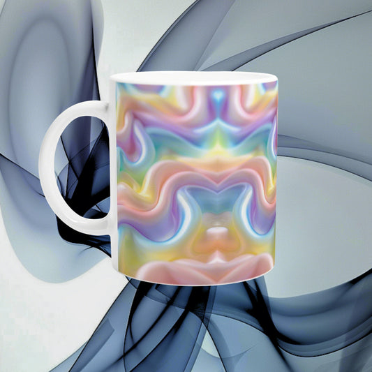 White ceramic mug featuring a vibrant pastel rainbow swirl design; product mockup for mugs.