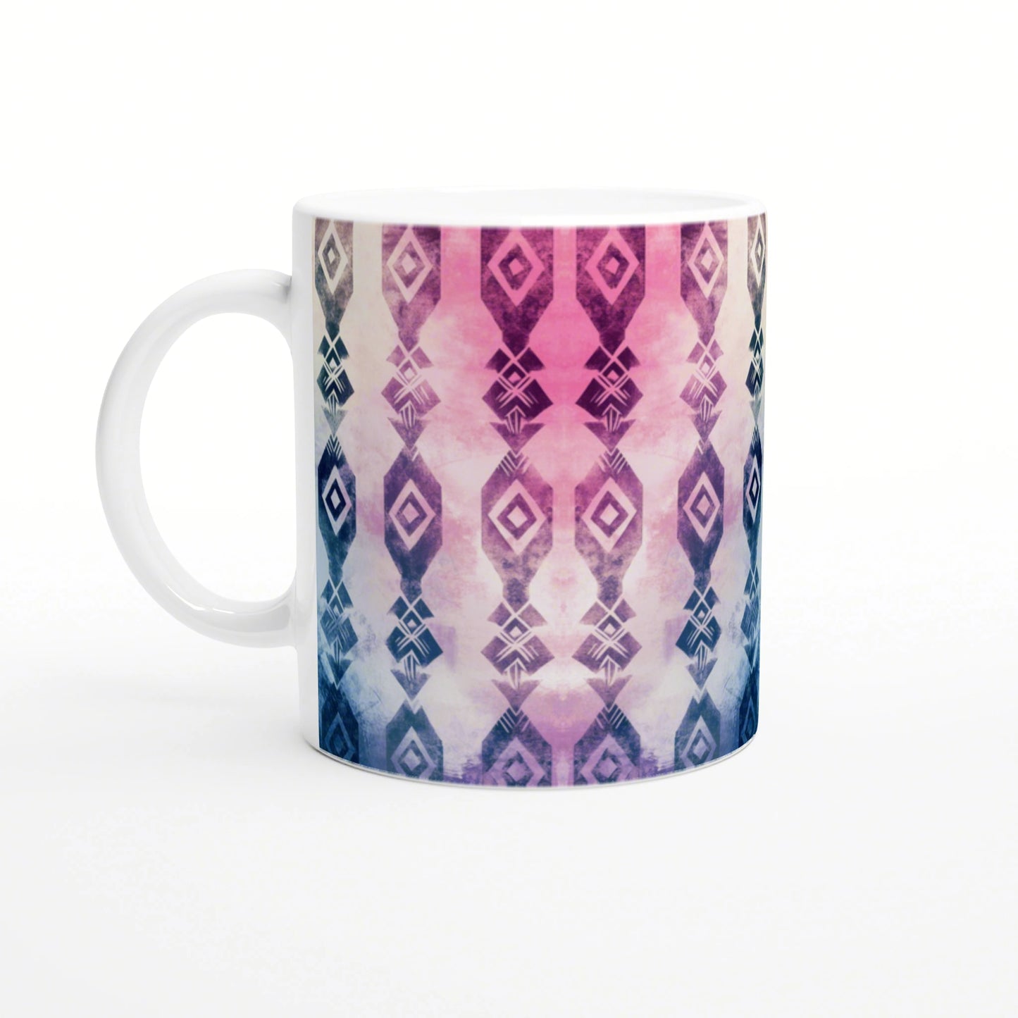 White ceramic mug with a pink-to-blue gradient and a repeating diamond geometric pattern; product mockup.