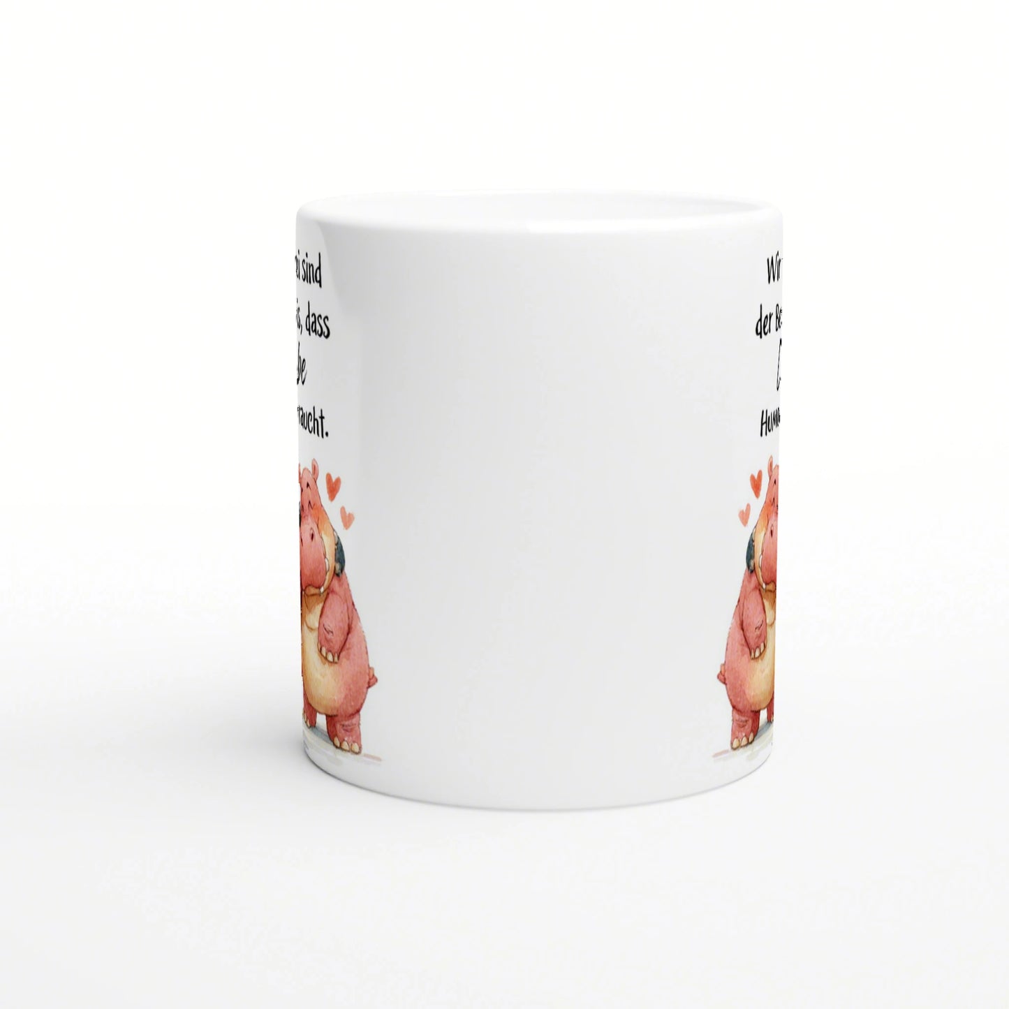 White ceramic mug mockup featuring a pink cartoon pig with hearts at the base and partial black slogan text along the sides.