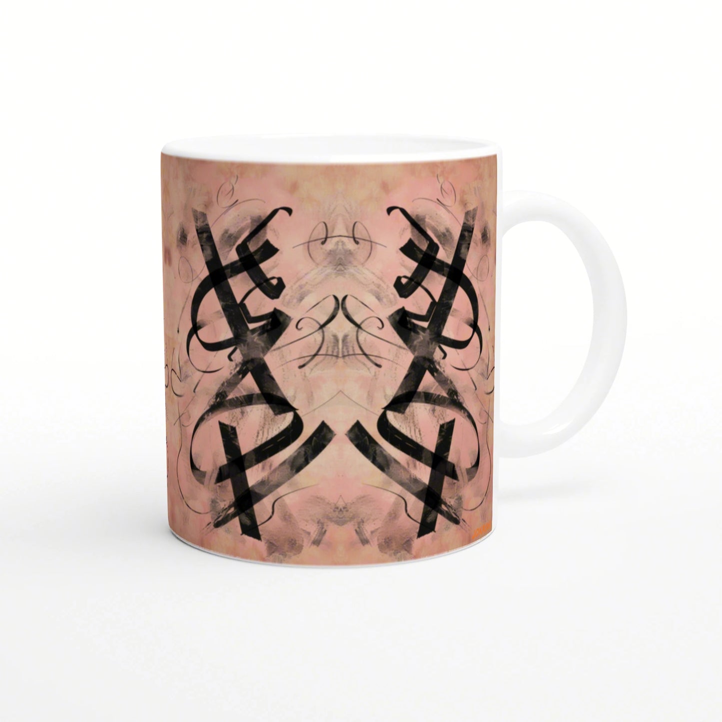 White ceramic mug with a pink marbled background and a large black symmetrical abstract pattern wrapping around.
