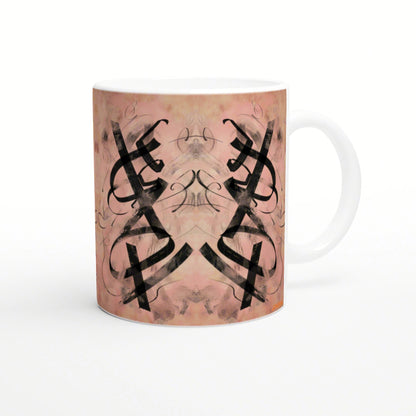 White ceramic mug with a pink marbled background and a large black symmetrical abstract pattern wrapping around.