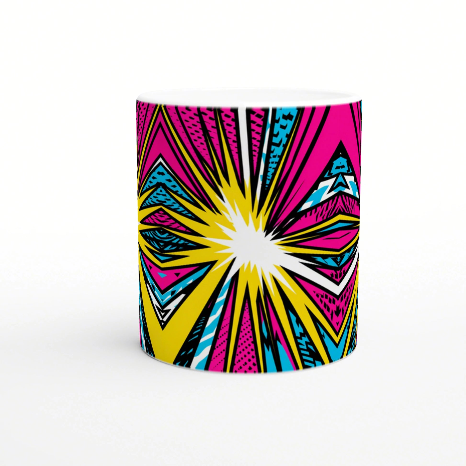White ceramic mug mockup with a bold pop-art explosion graphic in yellow, pink, and blue.