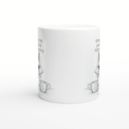 White ceramic mug product mockup with a light pencil sketch of a cup along the sides and faint edge text.