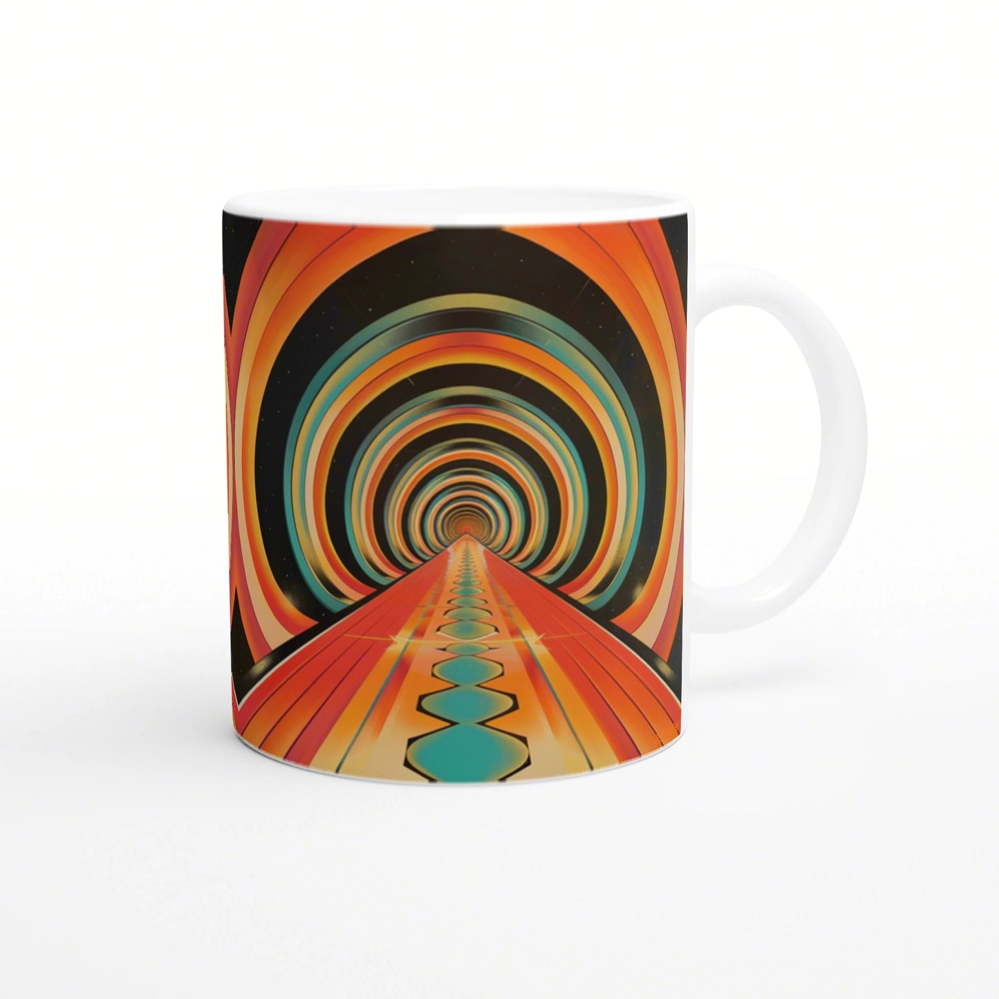 White ceramic mug featuring a psychedelic tunnel design with concentric rainbow rings and a road-like path toward the center.