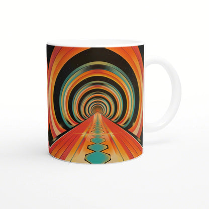 White ceramic mug featuring a psychedelic tunnel design with concentric rainbow rings and a road-like path toward the center.