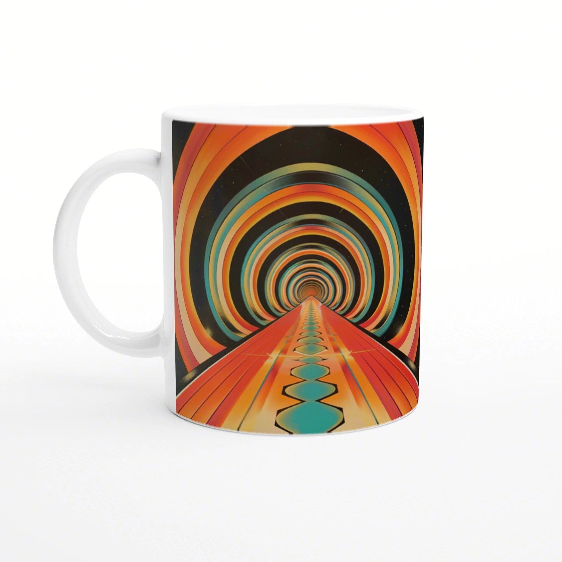 White ceramic mug with psychedelic tunnel design: orange and teal concentric rings and a road converging to the center.