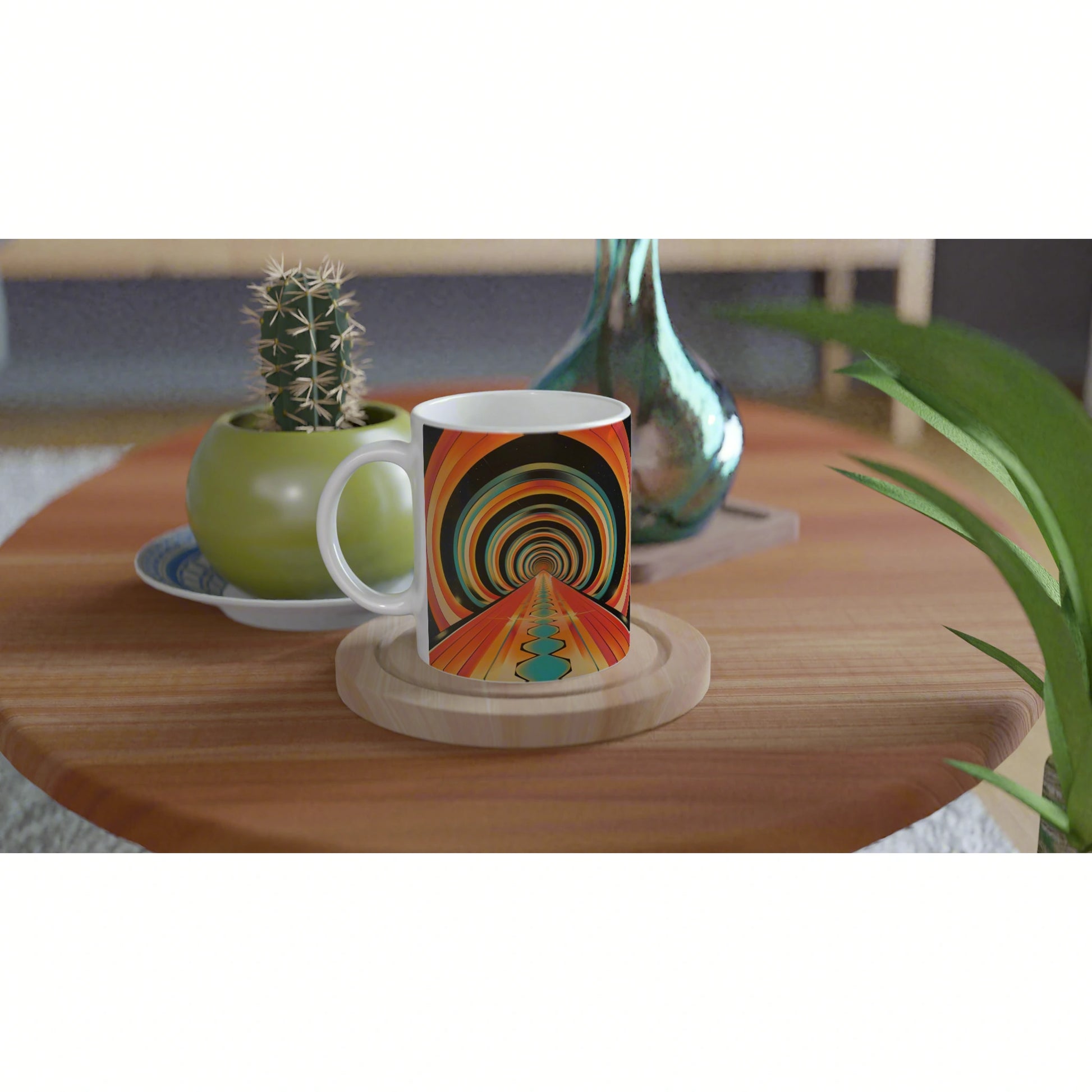White ceramic mug featuring a vivid psychedelic tunnel pattern on a wooden table, beside a green cactus pot and a teal vase.