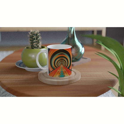 White ceramic mug featuring a vivid psychedelic tunnel pattern on a wooden table, beside a green cactus pot and a teal vase.